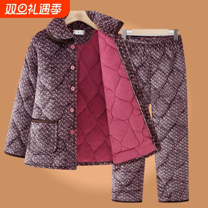 中老年人冬装女奶奶睡衣套装加绒加厚保暖衣妈妈家居服老太太棉衣