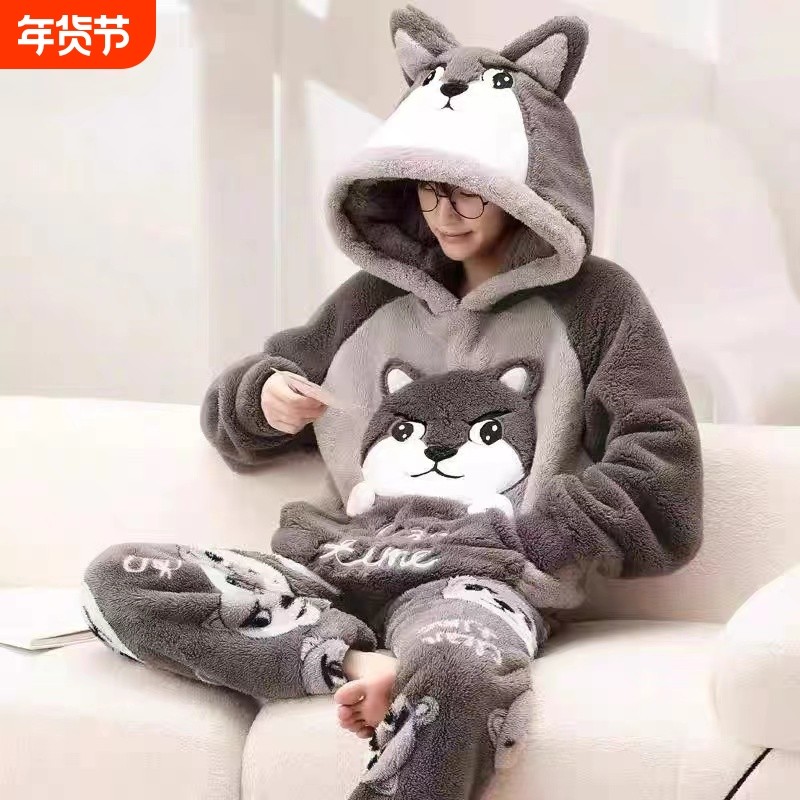 男士睡衣秋冬款冬季珊瑚绒加厚加绒法兰绒卡通家居服冬天男款套装