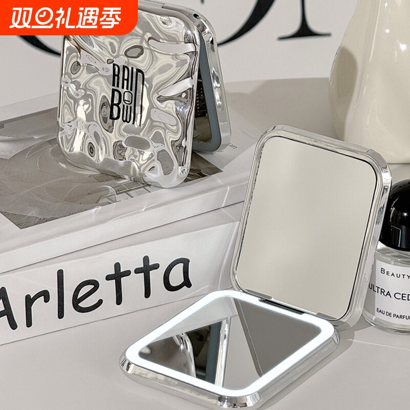 可折叠随身LED化妆镜子带灯旅游便携式放大手持补妆美妆小镜子女