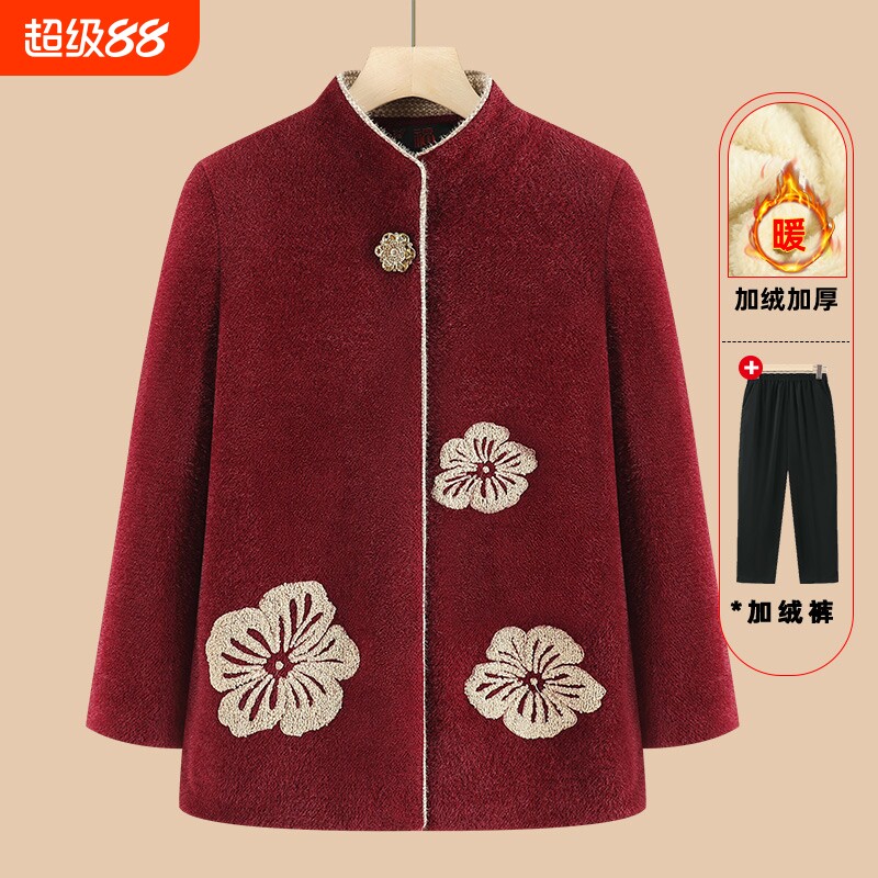 中老年人奶奶外套女妈妈冬装加绒加厚水貂绒上衣老人毛呢衣服红色