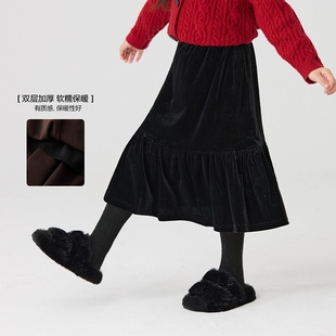 女童丝绒半身裙2026秋冬新款儿童中长款裙子女孩加厚鱼尾半裙长裙
