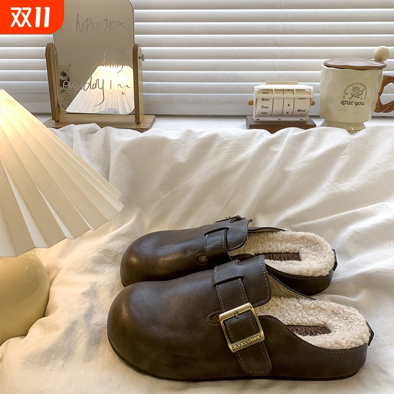 厚底皮面包头半拖鞋女秋冬外穿2025新款简约舒适百搭加绒勃肯棉拖