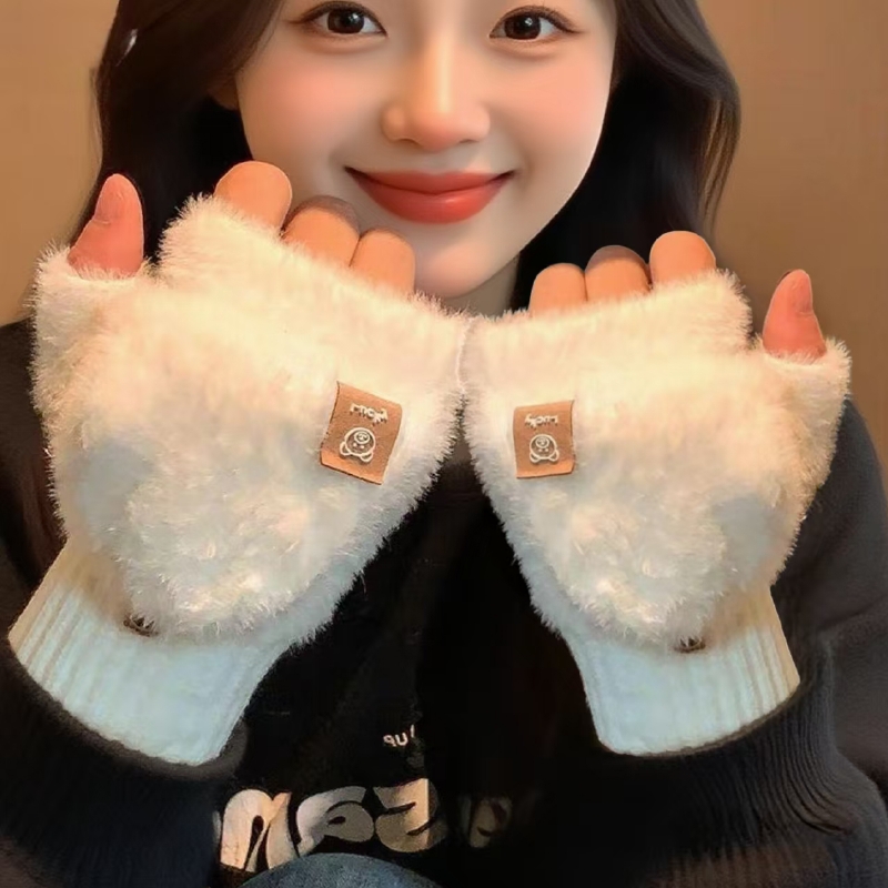 露指翻盖手套毛绒女冬季可爱保暖防寒学生写字骑车加厚触屏男两用