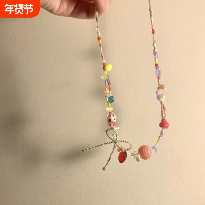 「草莓泡泡」夏日小众设计感蝴蝶结红心甜美彩色串珠项链ins颈链