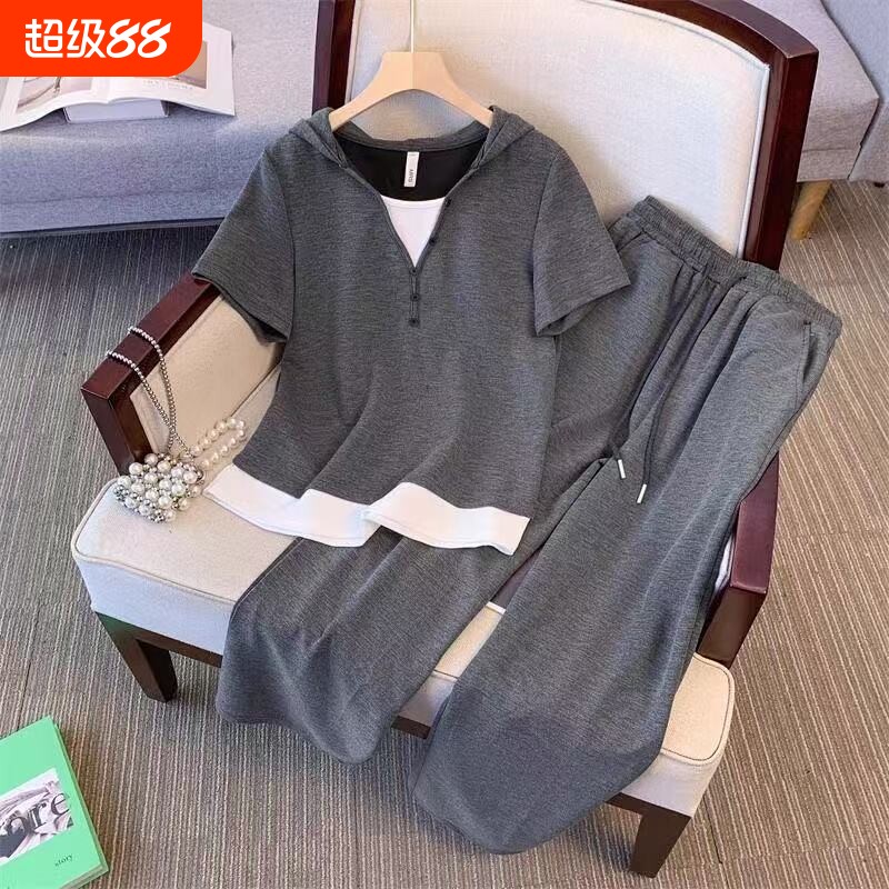 大码假两件运动服套装女2026夏季新款时尚短袖休闲显瘦两件套跑步