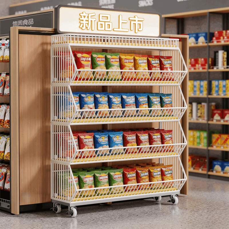 超市货架新款收银台前小货架零食大容量置物架斜口篮便利店陈列架