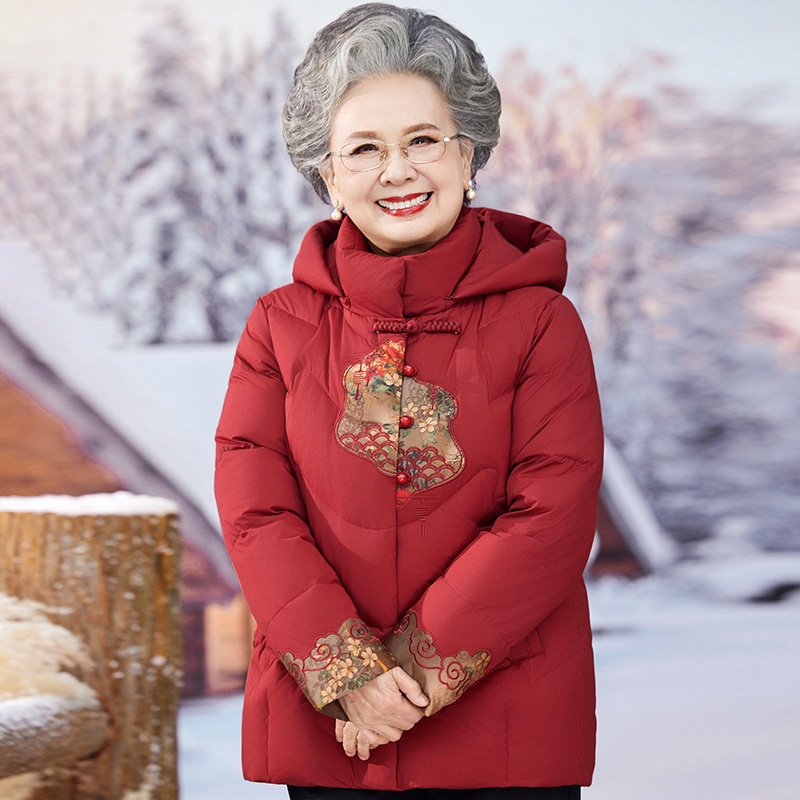 中老年棉服女妈妈加厚冬装60岁70奶奶老人冬季外套羽绒服加绒红色