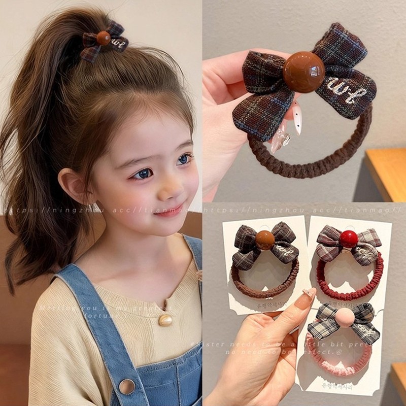 儿童珠珠蝴蝶结发圈韩版格纹扎头发皮筋新款不伤发小女孩马尾发绳