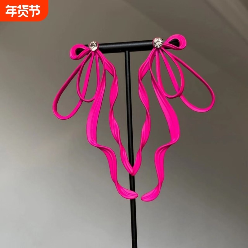 玫红色飘带蝴蝶结耳钉2025新款港风复古小众设计感夸张显脸小耳饰,饰品/流行首饰/时尚饰品新,耳钉,淘宝优惠券,粉丝福利购,淘宝优惠卷