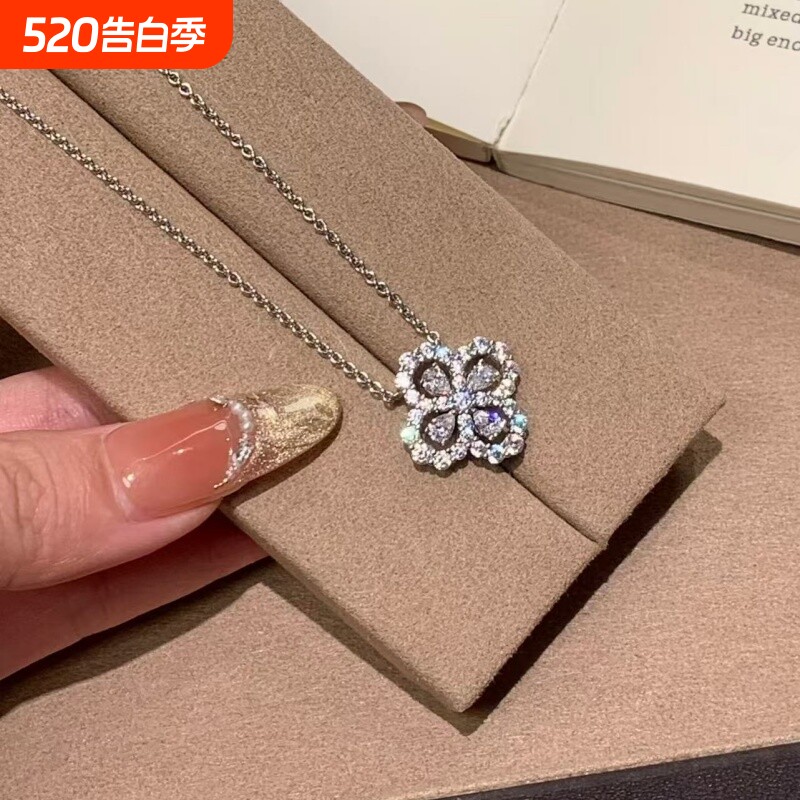 高版四叶草满钻石项链镀厚铂金白金LP不掉色花朵形锁骨颈链不掉色