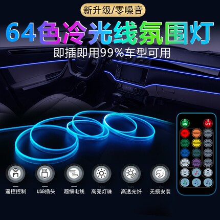 汽车冷光线氛围灯车内装饰灯七彩声控光条USB免接线LED中控车门灯