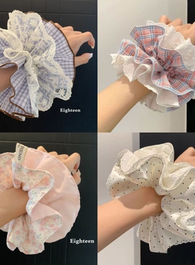 韩系蕾丝边大肠圈2026新款发圈洋气头圈发绳女波点缎面双层蓝色