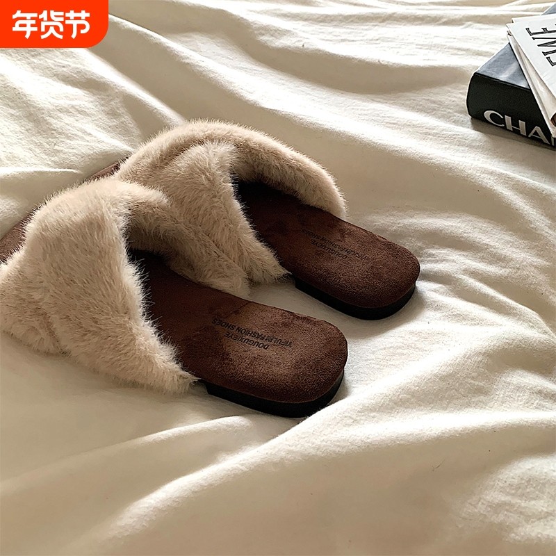 金屿鹿气质~ins仙女风交叉毛毛拖鞋女秋冬外穿网红时尚棉拖平底,女鞋,毛毛鞋,淘宝优惠券,粉丝福利购,淘宝优惠卷
