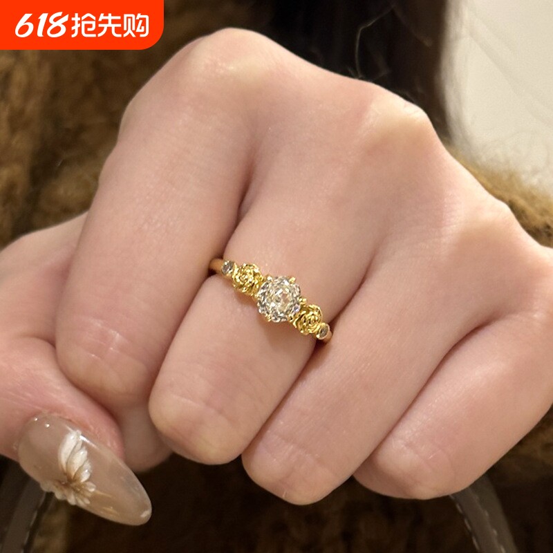新中式玫瑰花点钻戒指高级感复古宫廷风小金花戒指指环开口可调节