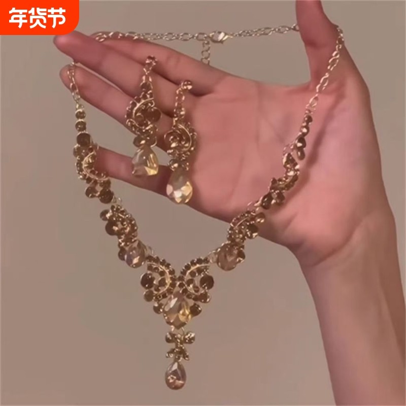 zoozmomo欧美夸张香槟色水滴流苏闪钻项链耳环女新娘首饰礼服