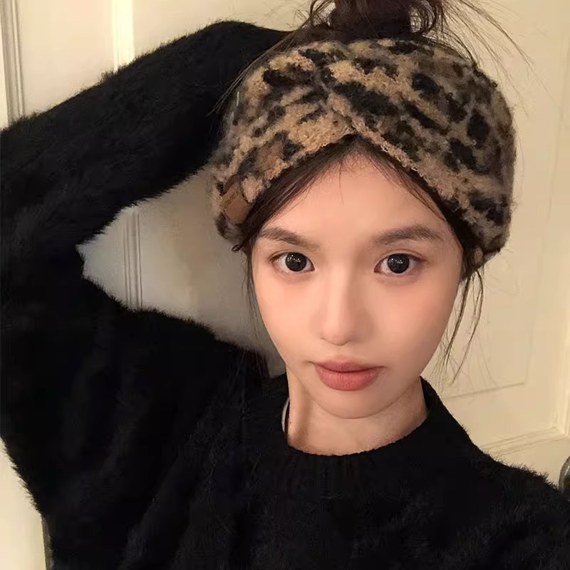 复古豹纹针织洗脸发带女秋冬