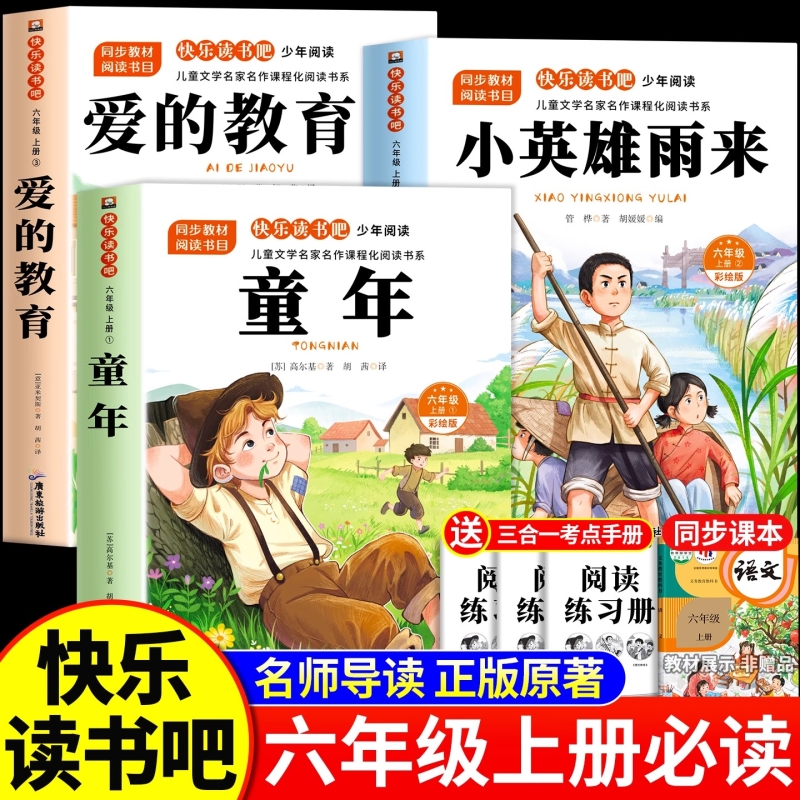全套3册童年爱的教育和小英雄雨来六年级上册必读正版的课外书高尔基