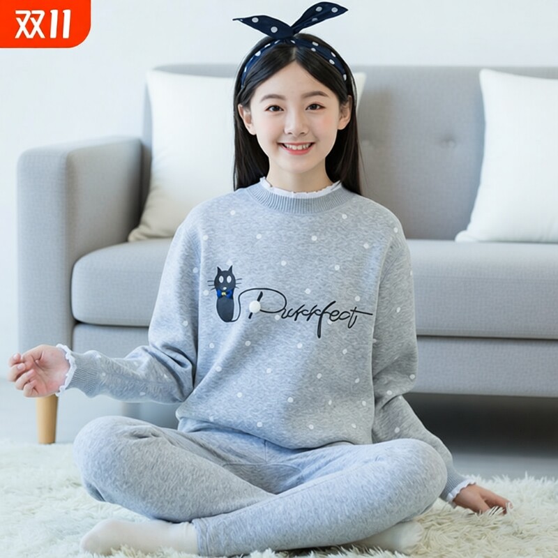 保暖内衣女冬季套装纯棉加绒加厚大童少女高中学生秋衣秋裤家居服