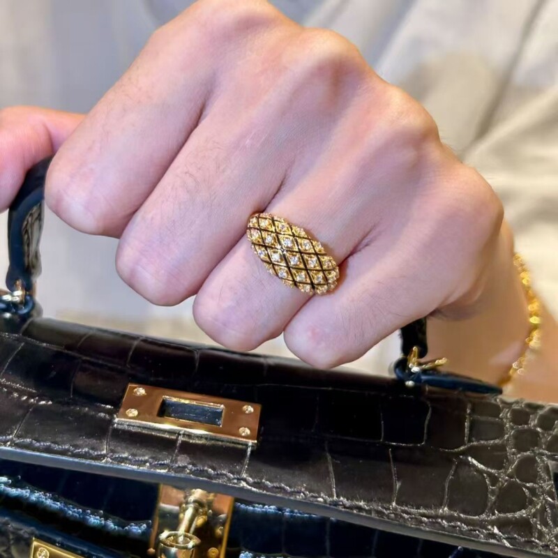 vintage中古黑金色点钻菱格宽面戒指时尚轻奢精致高级百搭食指
