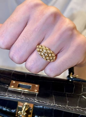 vintage中古黑金色点钻菱格宽面戒指时尚轻奢精致高级百搭食指戒