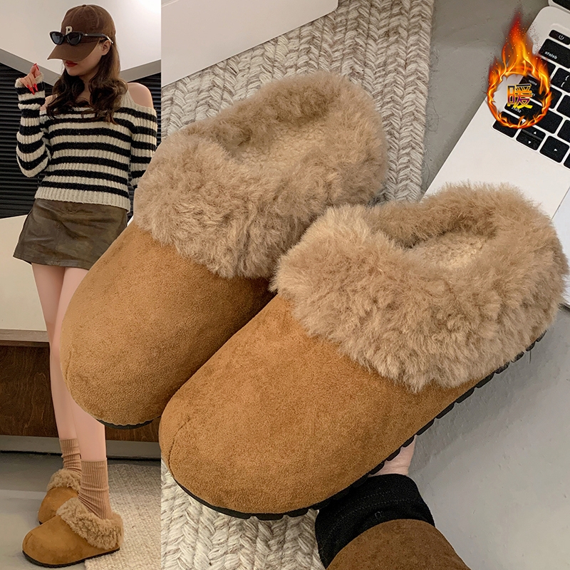 勃肯鞋女毛毛拖鞋外穿平底加绒雪地靴棉拖2025新款秋冬包头半拖鞋