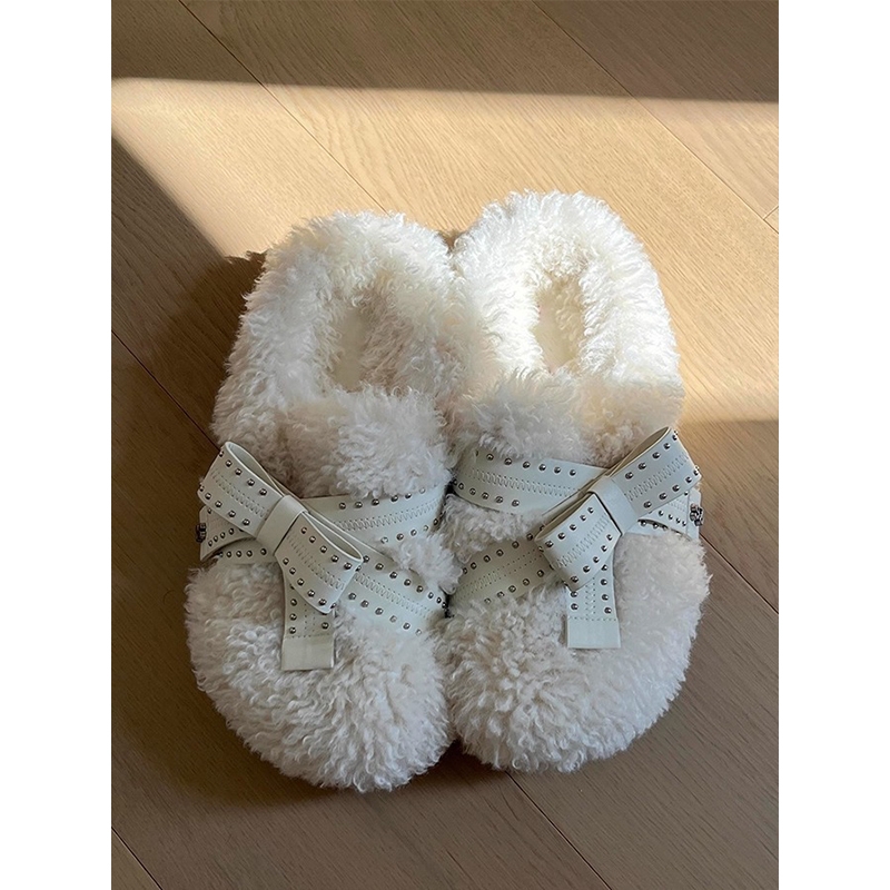可爱蝴蝶结毛毛厚底包头拖鞋女外穿2025秋冬新款加绒保暖勃肯棉鞋
