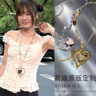 丝带拼接彩珠爱心波点花朵项链女甜酷小众设计百搭长款毛衣链配饰