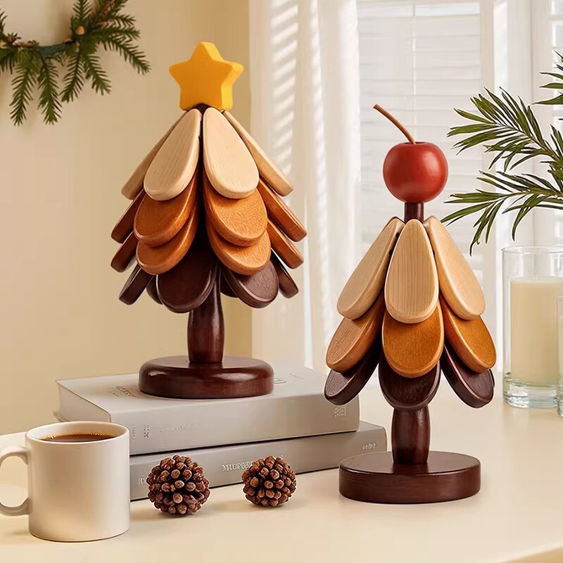 圣诞树实木隔热垫一颗树杯垫餐桌摆件创意家用防烫耐高温折叠锅垫