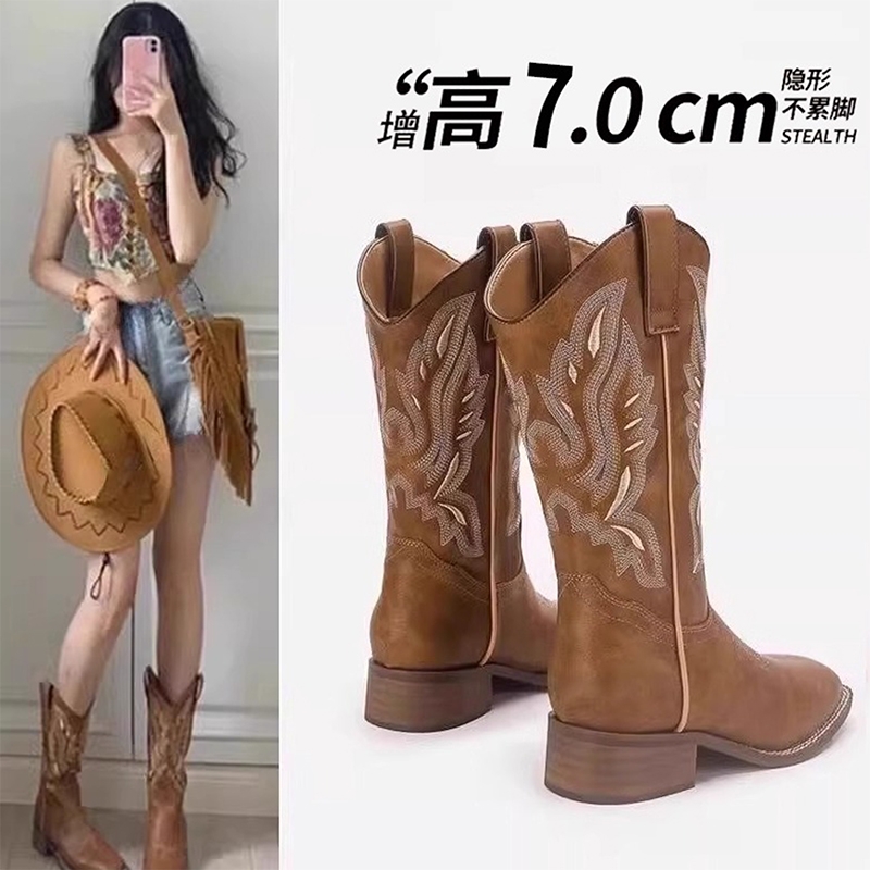 内增高厚底中筒短靴子女2025新款夏西部牛仔川马丁靴棕色鞋子精品