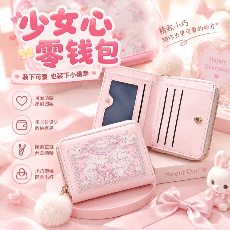 粉萌原创设计钱包糯叽叽可爱小巧短款多卡位二折零钱包防消磁卡包