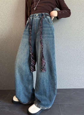 女童牛仔裤秋冬款女大童加绒加厚阔腿裤潮酷网红炸街冬季儿童裤子