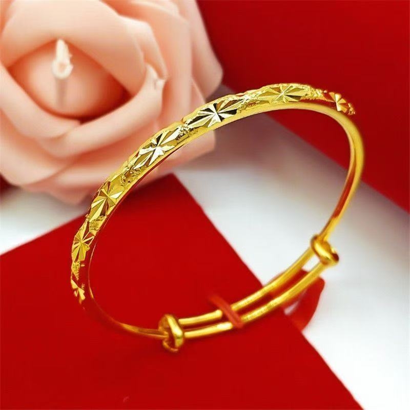 古法传承仿真黄金手镯女越南沙金实心推拉款素圈卷草纹结婚三金