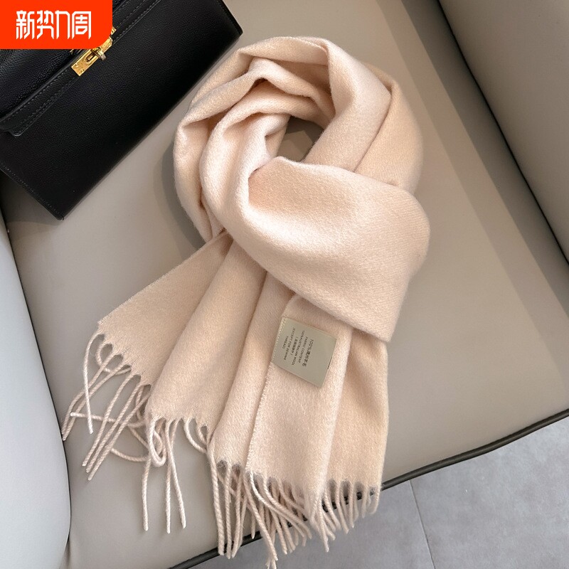 100%纯羊毛简约纯色围巾冬季韩版情侣款百搭软糯保暖格子围脖披肩