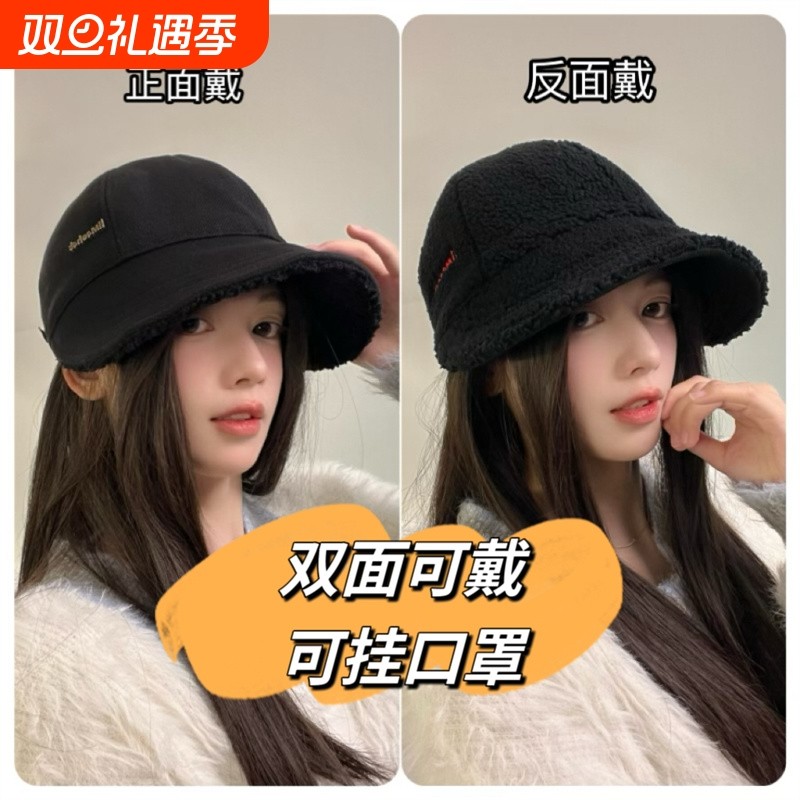 秋冬新款双面加绒加厚保暖鸭舌帽宽檐显脸小时尚百搭渔夫帽潮黑色