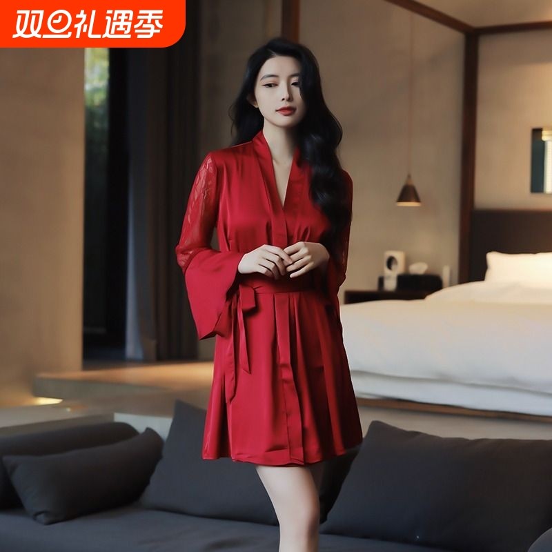 俞兆林睡衣女冰丝绸性感蕾睡袍仿真丝吊带睡裙套装家居服薄款丝滑