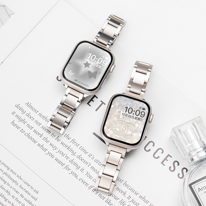 新款适用iwatch10表带苹果S10手表applewatch8亮面小三珠腕带10夏天金属S9创意S8高级女小蛮腰Ultra智能7新款