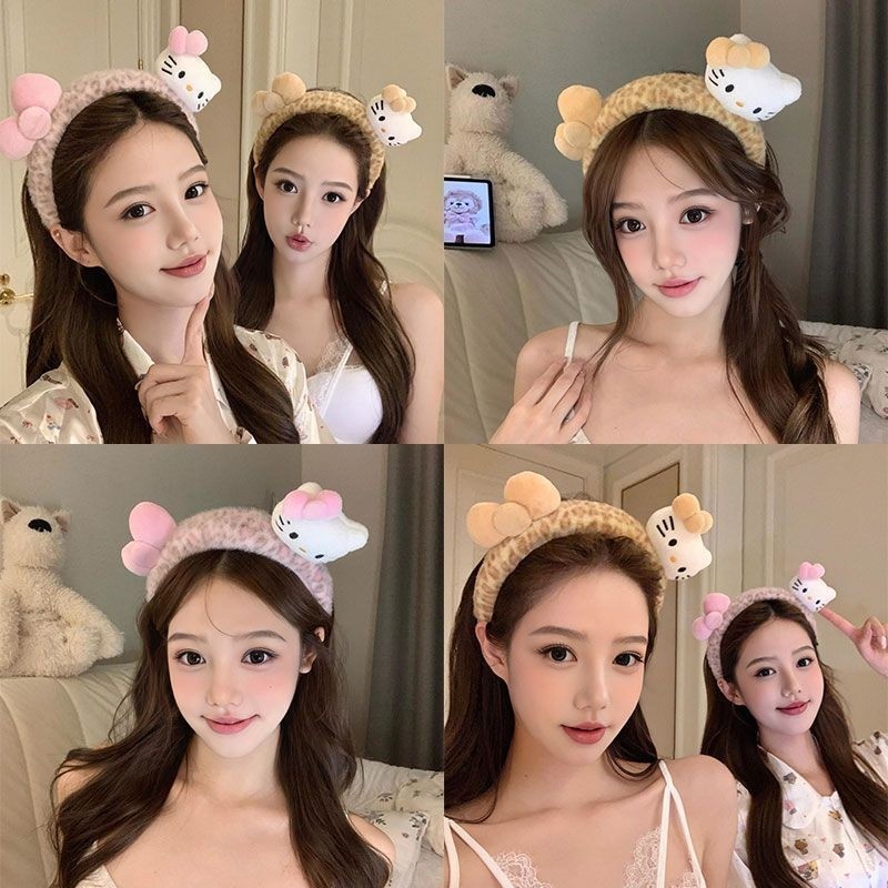 甜美粉色豹纹kt猫蝴蝶结发箍2025新款少女风高颅顶洗脸防滑头箍