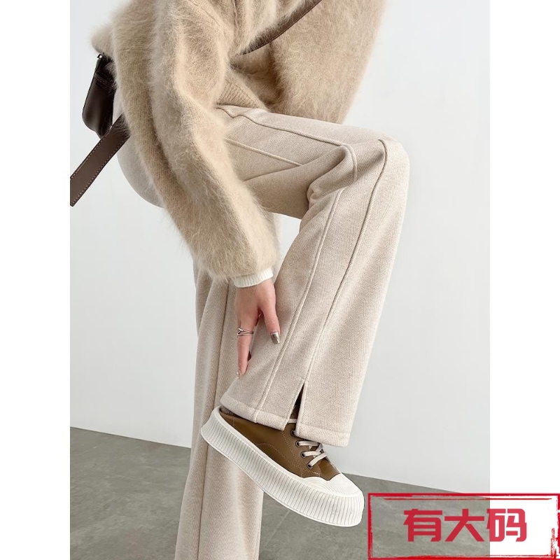 加绒阔腿裤女秋冬2025新款毛呢开叉裤子直筒窄版香蕉裤小个子灰色
