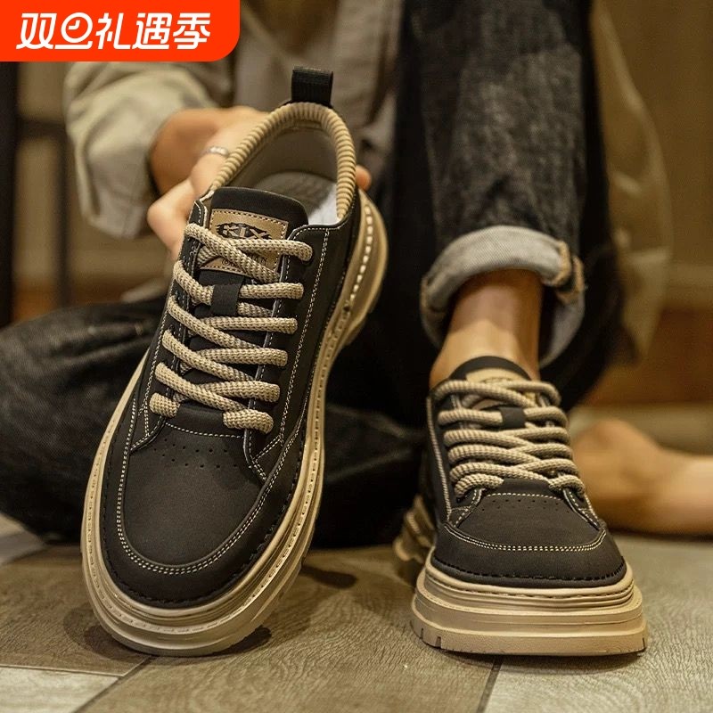 工装男鞋春季英伦风复古板鞋真皮防水男士休闲皮鞋黑色低帮马丁靴