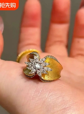 新中式蝶恋花拉丝满钻戒指高级感中古精美工艺精致蝴蝶指环可调节