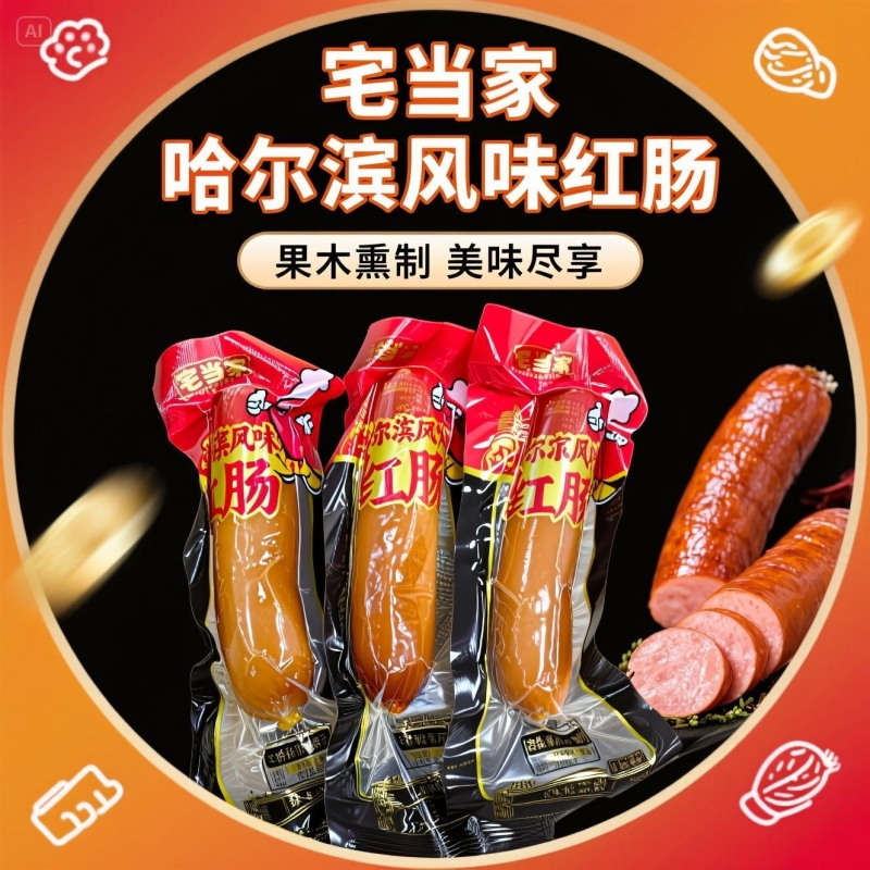 哈尔滨风味红肠90克果木熏烤红肠传统好吃地道脆嫩肉感保质期90天