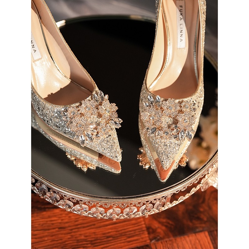 25秀禾不累脚婚鞋新娘鞋春秋婚纱两穿新款水晶香槟色法式高跟鞋女