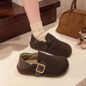 毛呢加绒勃肯鞋女2025秋冬新款保暖棉鞋灰色呢子毛毛鞋鞋单鞋防滑