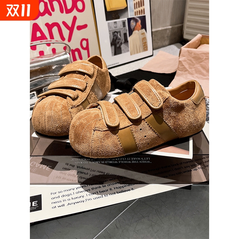 2025年新款磨砂真皮魔术贴卡皮巴拉大头板鞋德训鞋平底单鞋女圆头