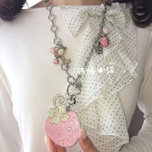 清脆小溪原创*草莓卷芽*草莓闪闪造型银色项链多用途挂链挂饰