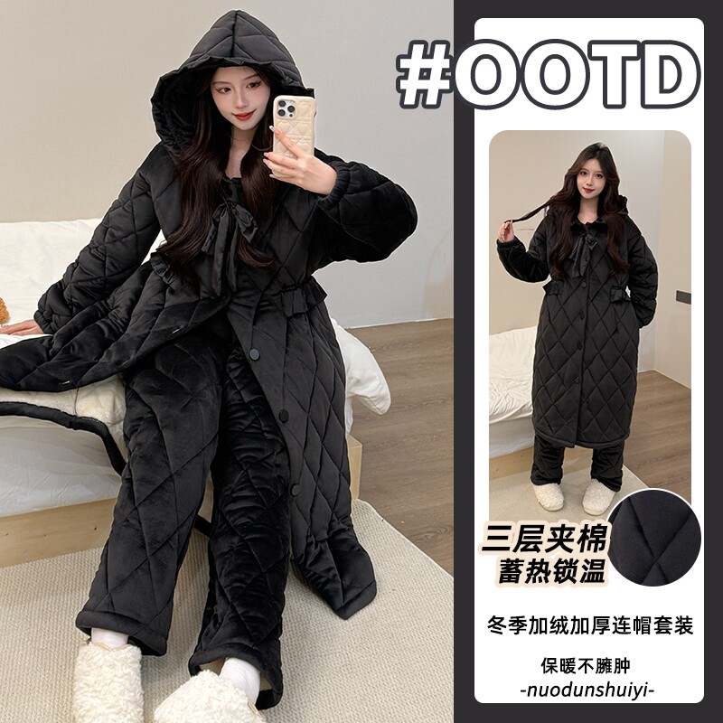 珊瑚绒冬季睡袍女连帽三层夹棉加厚加绒保暖睡衣女士可外穿家居服