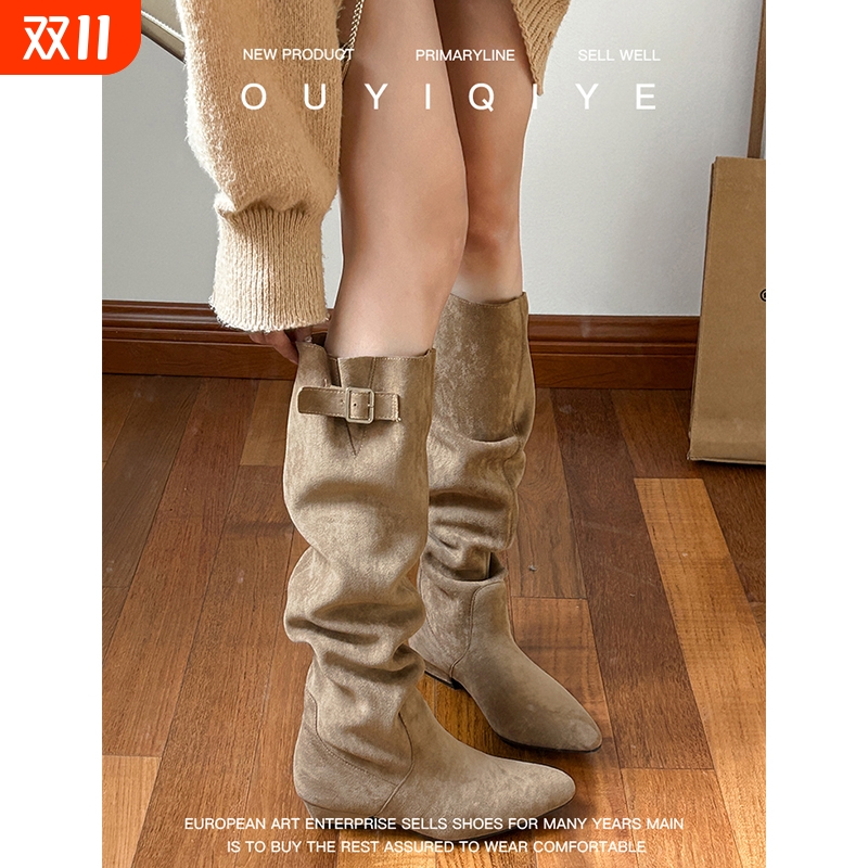 牛皮版~女冬堆堆靴法式显瘦高筒靴粗跟绒面卡其色长靴圆头小腿