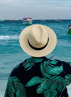 夏季帽子巴拿马草帽法式帽男士高档户外遮阳防晒帽款白色大檐黑色