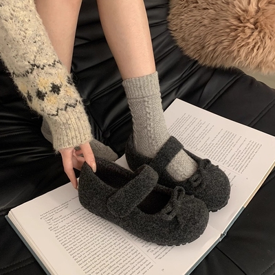 内增高玛丽珍毛毛鞋女2025秋冬新款灰色加绒毛呢单鞋子厚底勃肯鞋