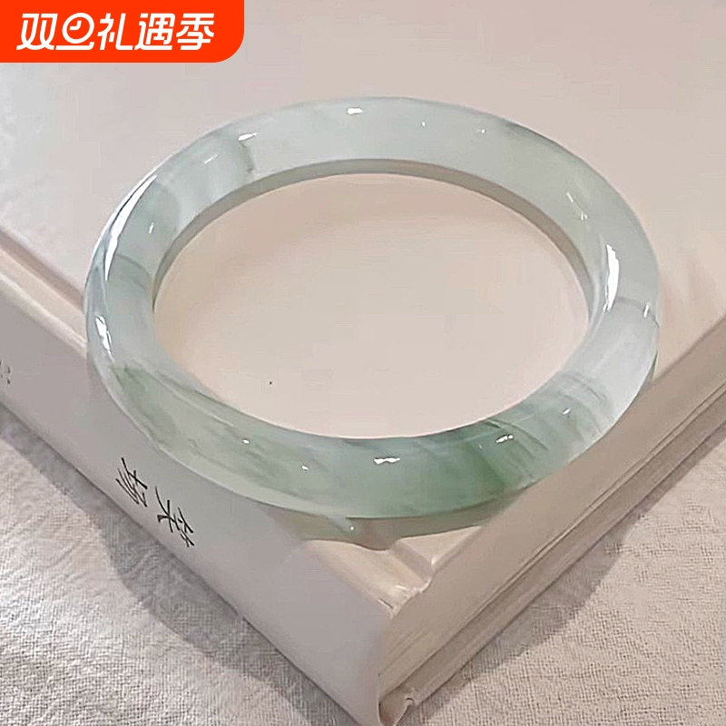 天然新疆天山翠金丝玉冰翠飘花玉镯女款雪翠手镯圆条扁镯子非翡翠